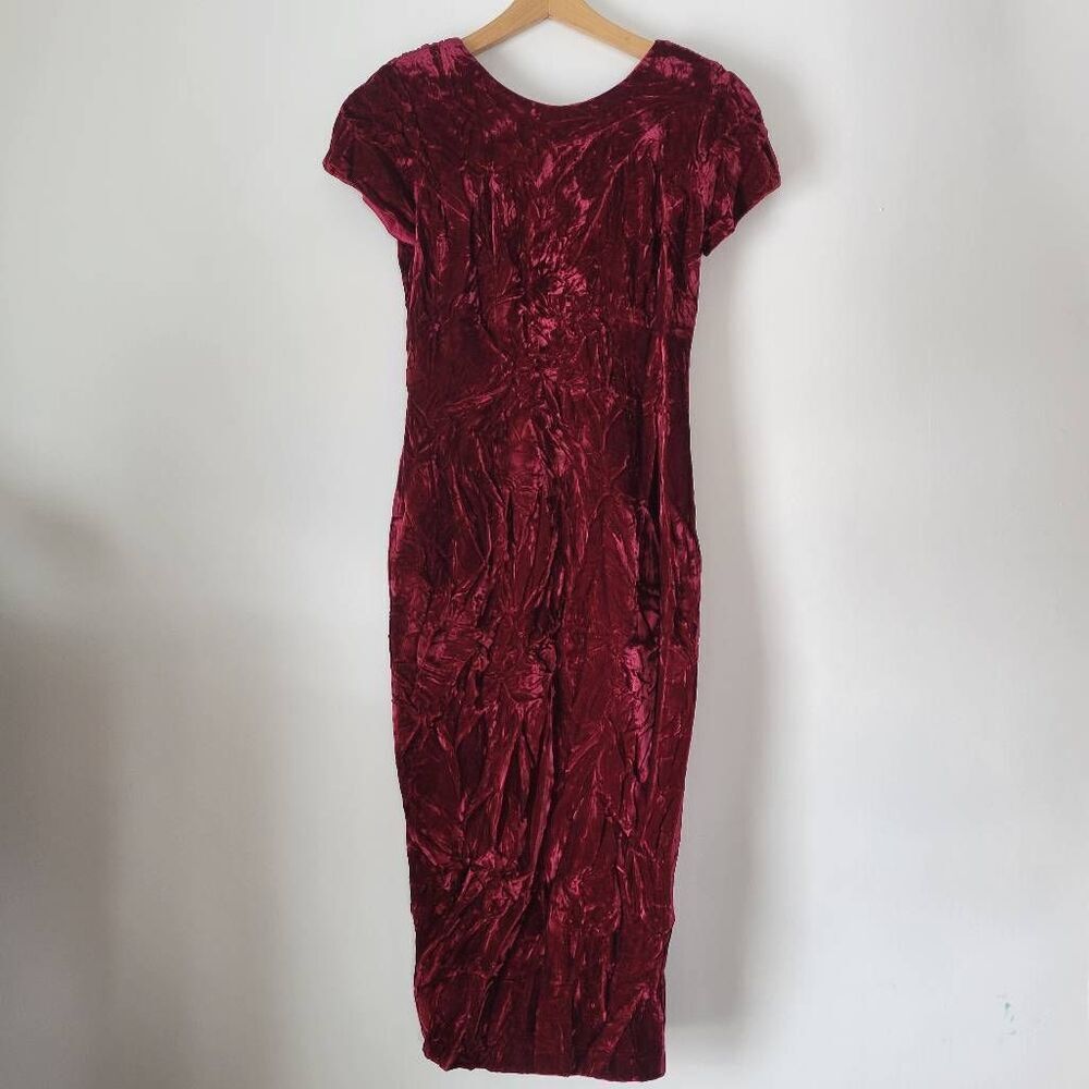 Vintage 80s Crushed Velvet Evening Dress Cranberry Bow Back ILGWU Made USA Size